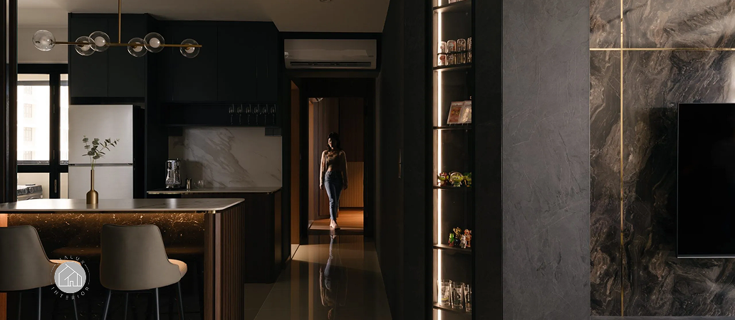 Minimalist 4-room BTO kitchen island with integrated mood lighting.
