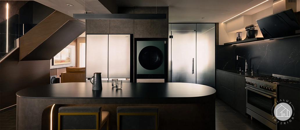 A sophisticated, dark-themed kitchen and dining area in a 5-room HDB flat