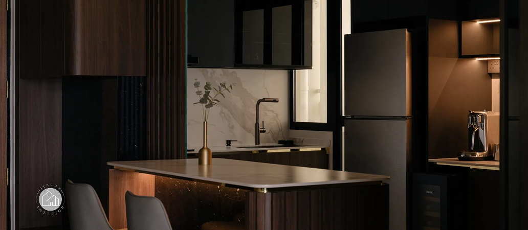 Jialux Interior kitchen design featuring marble backsplash and cabinetry.