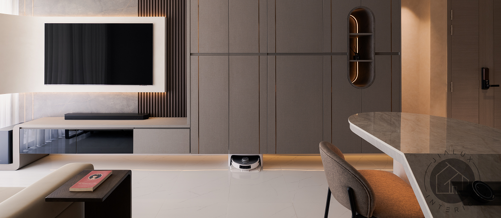 Luxurious TV feature wall showcasing integrated lighting and storage.