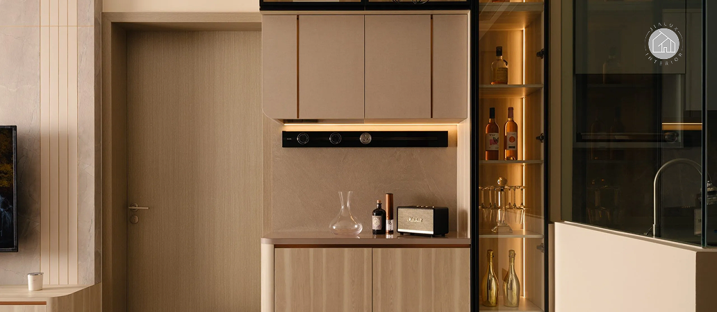 Luxury condominium living room featuring minimalist furniture and floor-to-ceiling curtains.