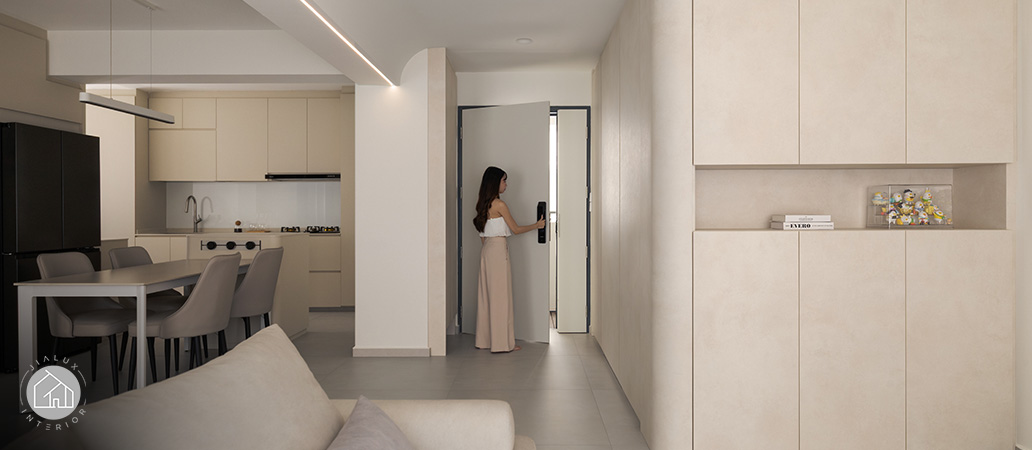 Minimalist monochromatic wall with elegant recessed shelving.