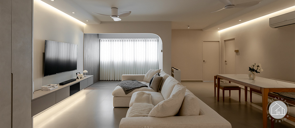 Modern living room with a clean layout and neutral tones to create a calm atmosphere