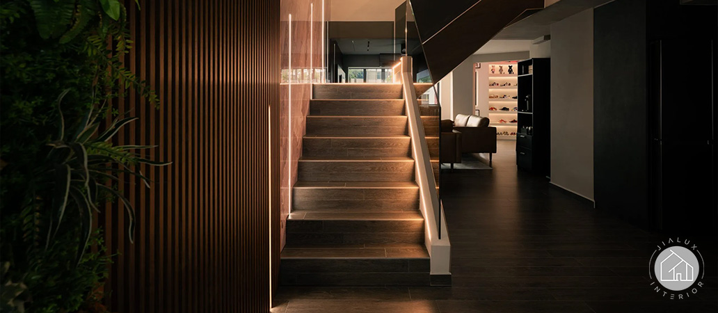 Modern staircase design with warm integrated LED lighting