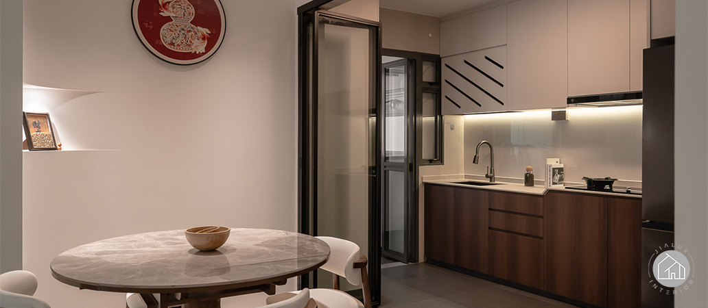 Modern dining area and kitchen layout by Jialux Interior.