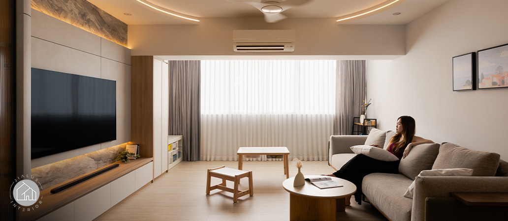 Quiet luxury HDB living room with seamless integrated storage.