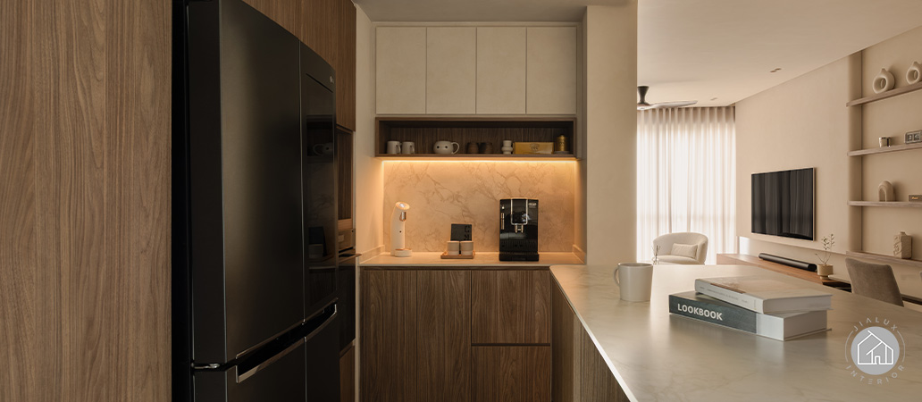 Sleek cabinetry and hidden appliances for a clean kitchen.