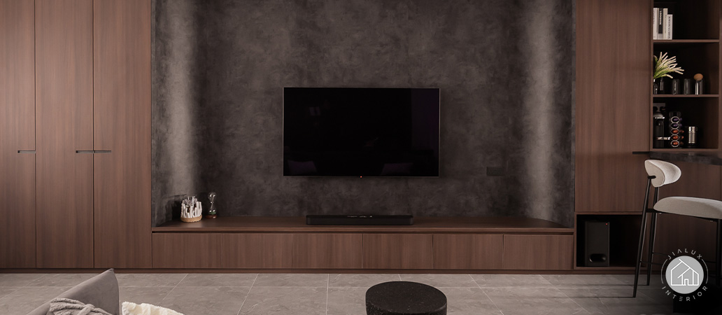 Sophisticated wood-paneled TV wall for 3-room resale HDBs.