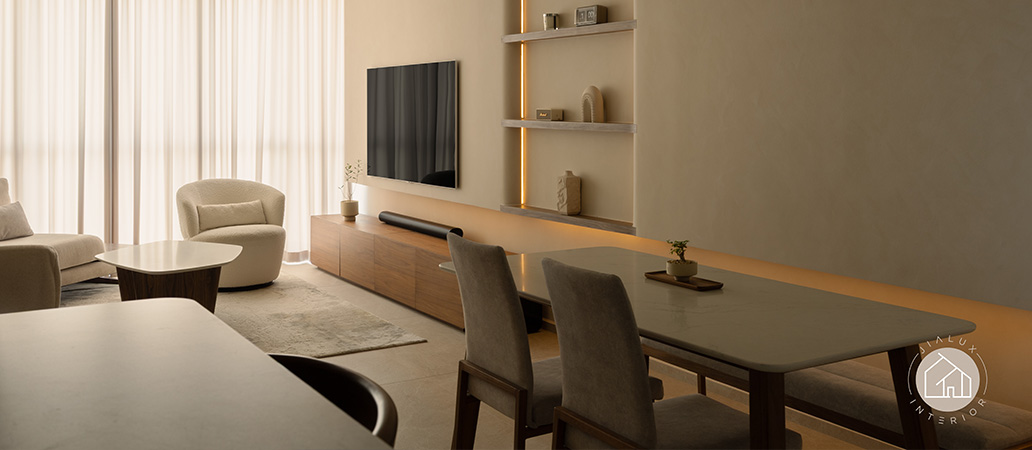 Spacious and airy living room featuring minimalist design principles and a neutral color palette