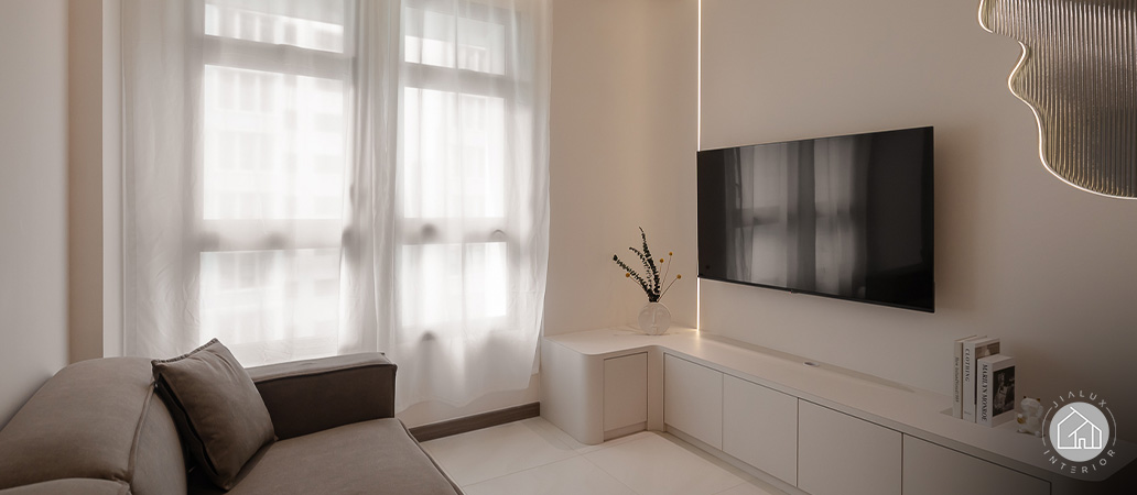 Warm minimalist living room design for HDB comfort.