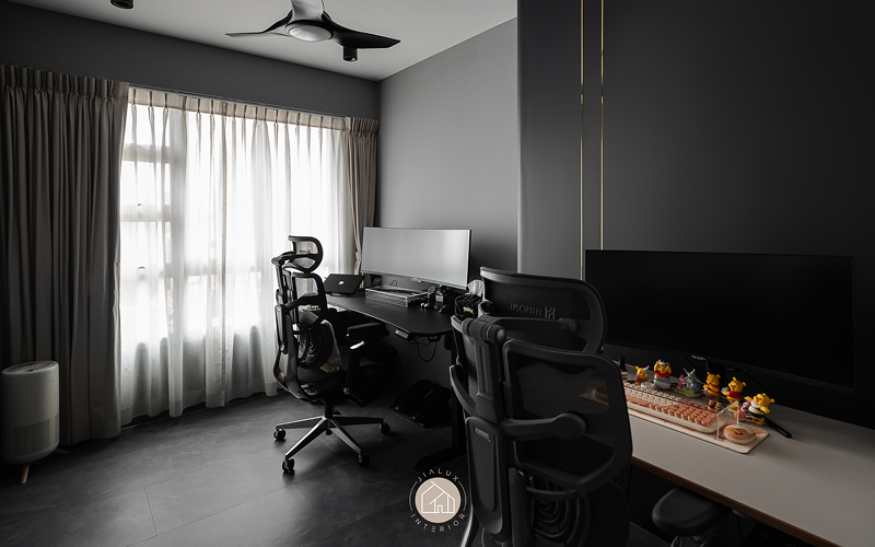 Efficient home office space planning with ergonomic chairs and desks.